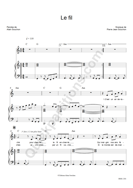 Le fil Piano Sheet Music - Alain Souchon