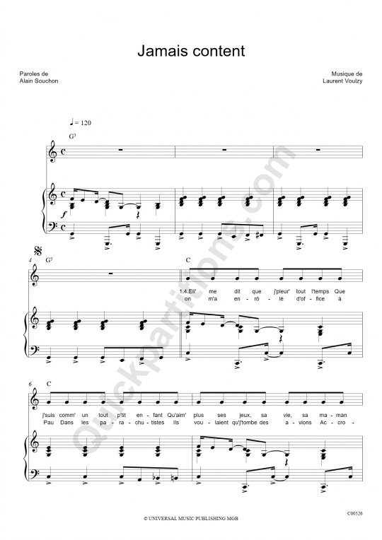Jamais content Piano Sheet Music - Alain Souchon