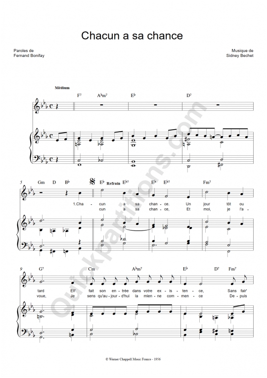Partition piano Chacun a sa chance - Sidney Bechet