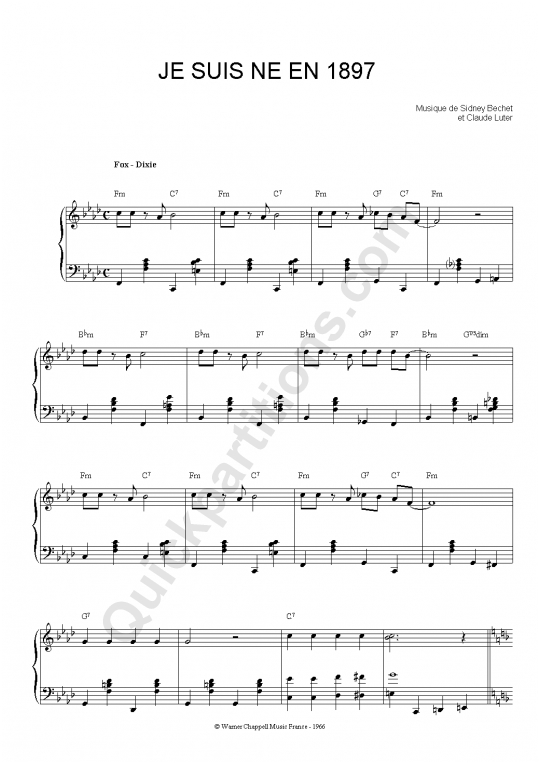 Partition piano Je Suis Né En 1897 - Sidney Bechet
