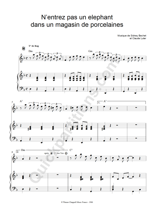 Partition piano N'entrez pas un éléphant dans un magasin de porcelaines - Sidney Bechet