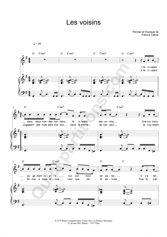 Les voisins Piano Sheet Music - Francis Cabrel