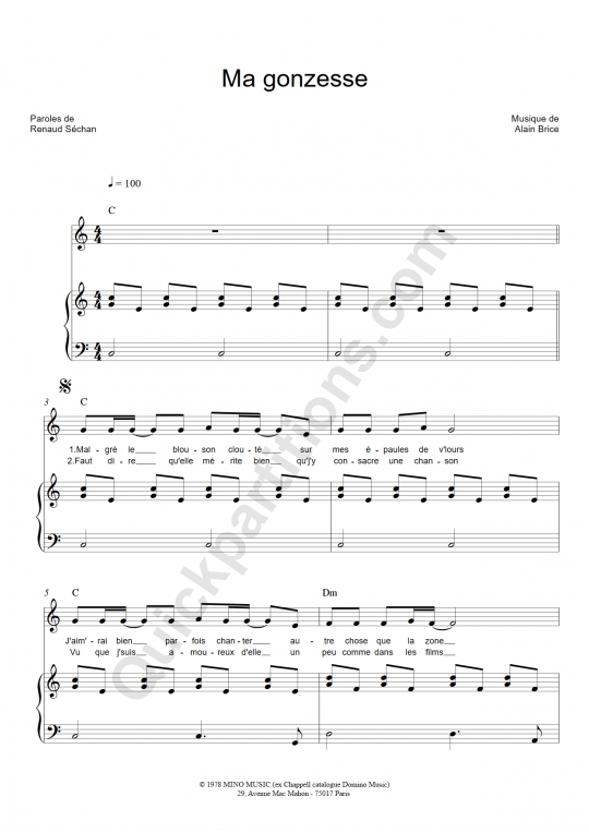 Partition piano Ma gonzesse - Renaud
