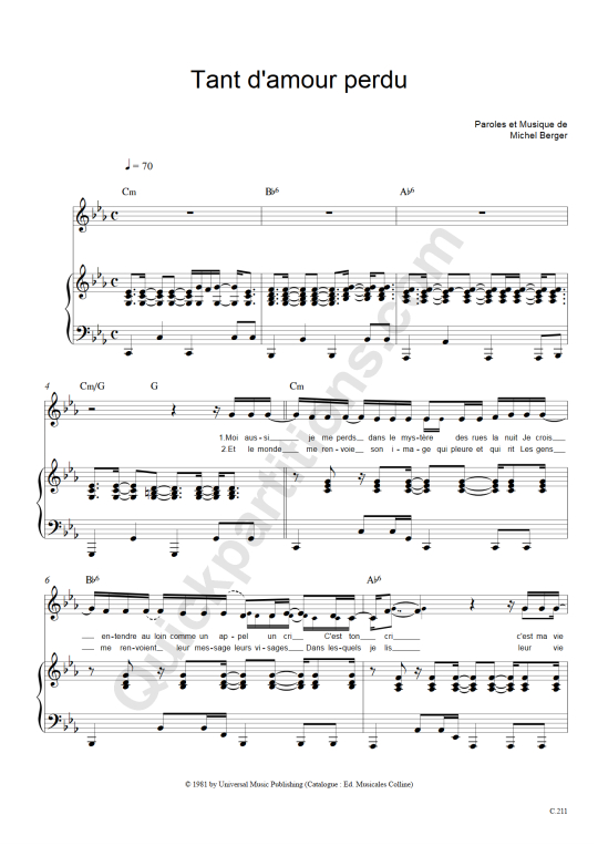 Partition piano Tant d'amour perdu - Michel Berger