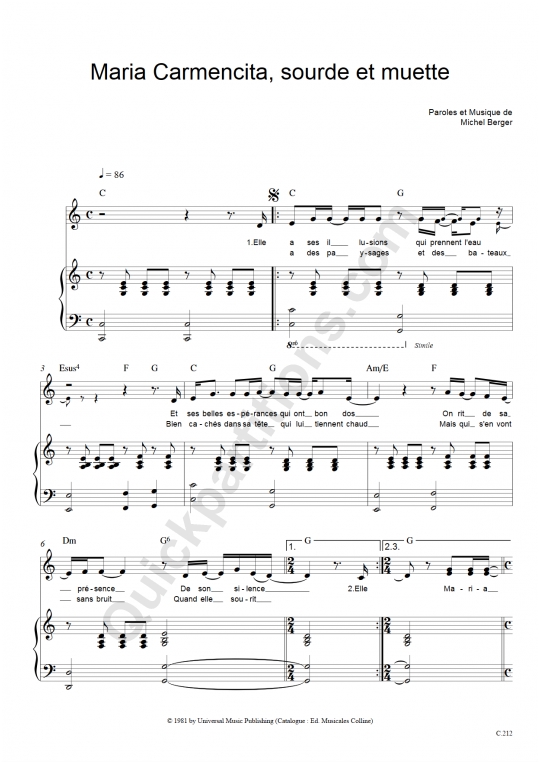 Partition piano Maria Carmencita - Michel Berger