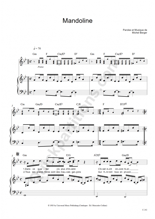 Partition piano Mandoline - Michel Berger