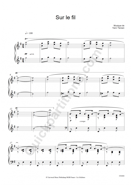 Sur le fil Piano Sheet Music - Le Fabuleux Destin d'Amélie Poulain
