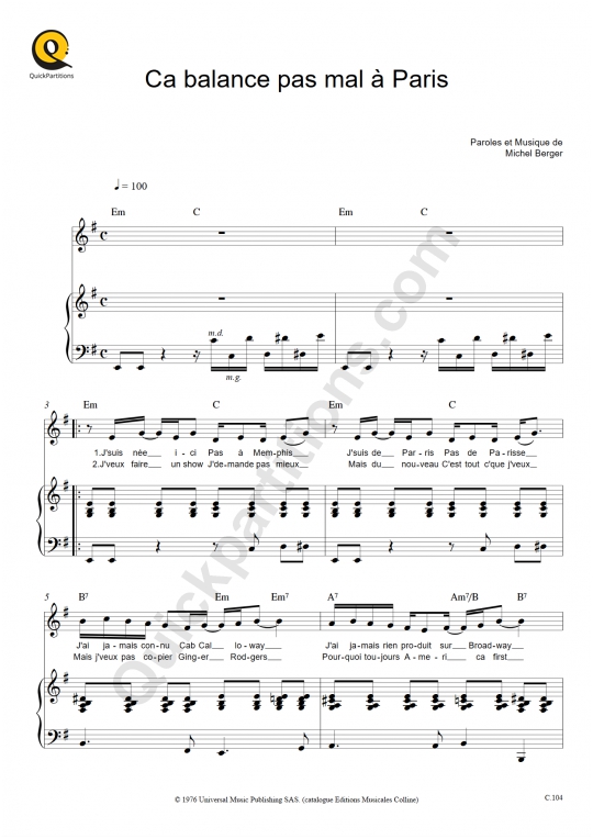 Partition piano Ca balance pas mal à Paris - Michel Berger