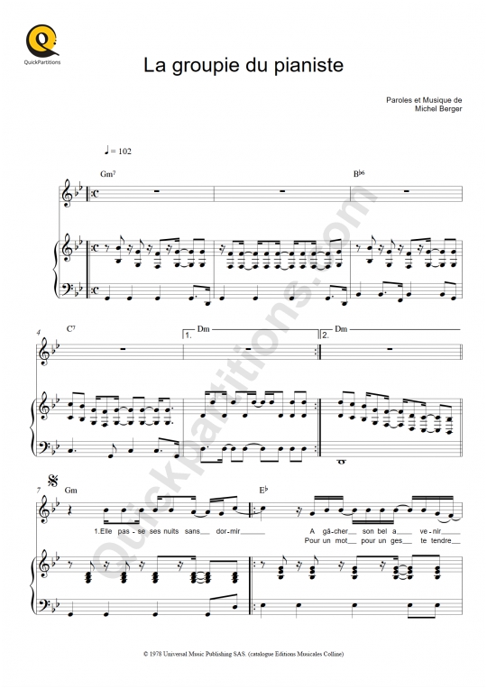 La groupie du pianiste Piano Sheet Music - Michel Berger