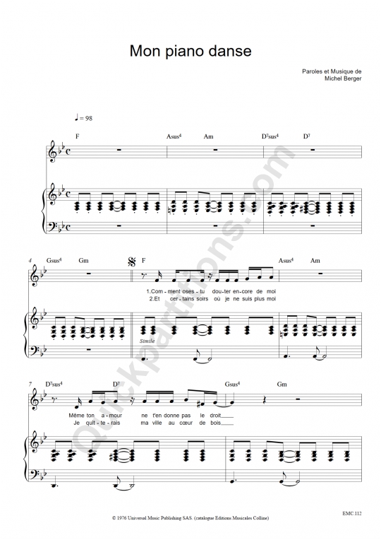 Partition piano Mon piano danse - Michel Berger
