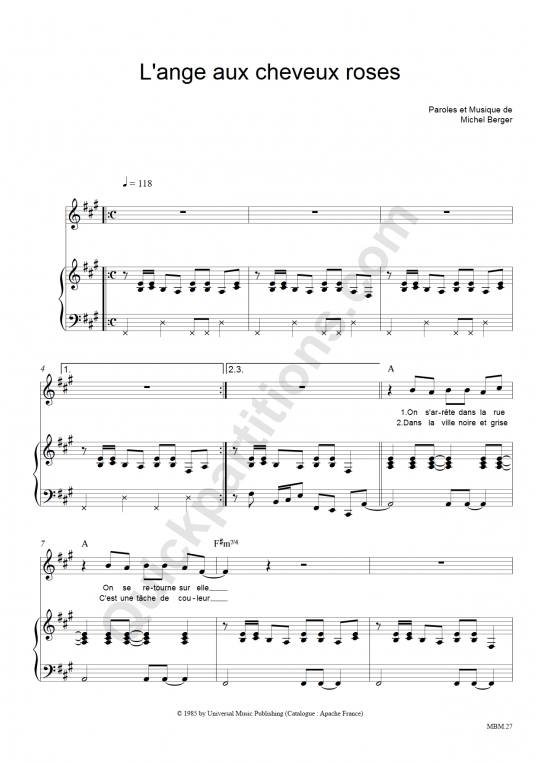 Partition piano L'ange aux cheveux roses - Michel Berger