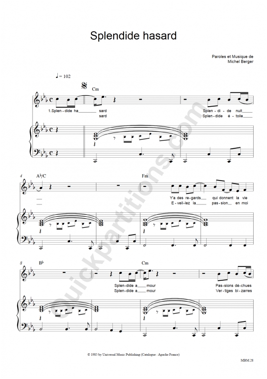 Partition piano Splendide Hasard - Michel Berger