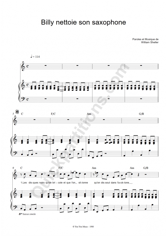 Billy nettoie son saxophone Piano Sheet Music - William Sheller