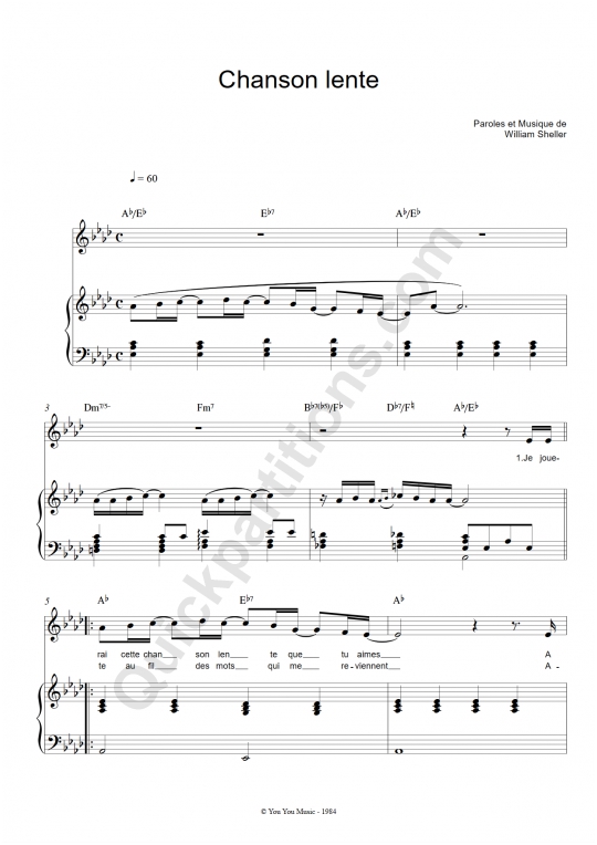 Chanson lente Piano Sheet Music - William Sheller