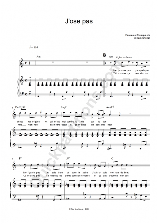 J'ose pas Piano Sheet Music - William Sheller