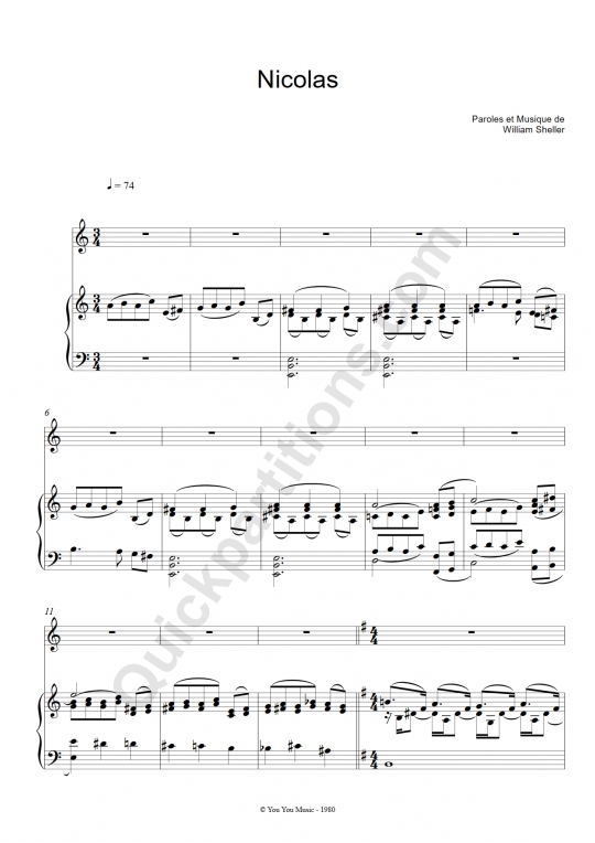 Partition piano Nicolas - William Sheller