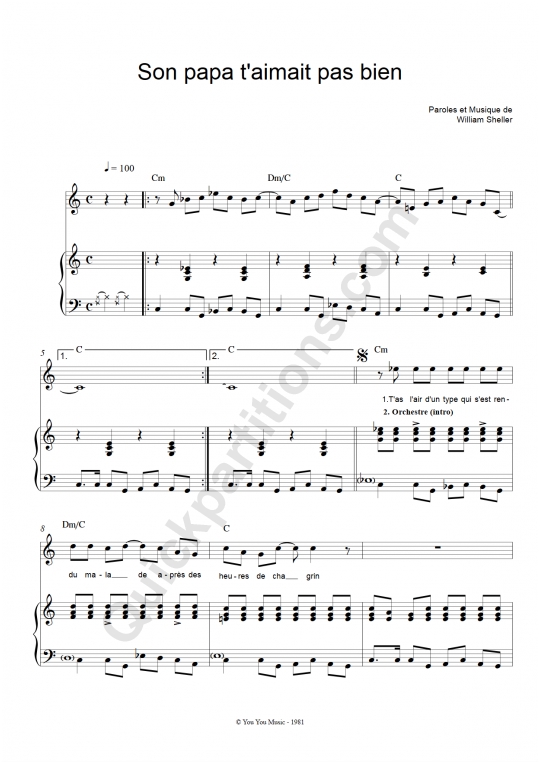 Son papa t'aimait pas bien Piano Sheet Music - William Sheller
