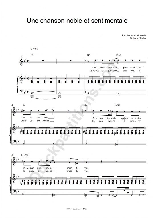 Une chanson noble et sentimentale Piano Sheet Music - William Sheller