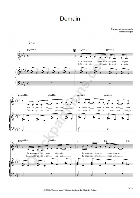 Partition piano Demain - Michel Berger