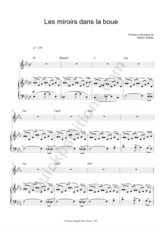 Partition piano Les miroirs dans la boue - William Sheller