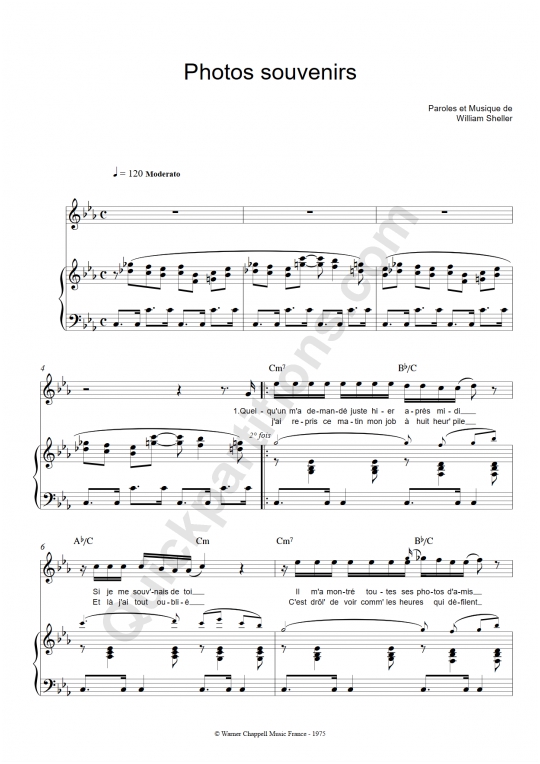 Photos souvenirs Piano Sheet Music - William Sheller