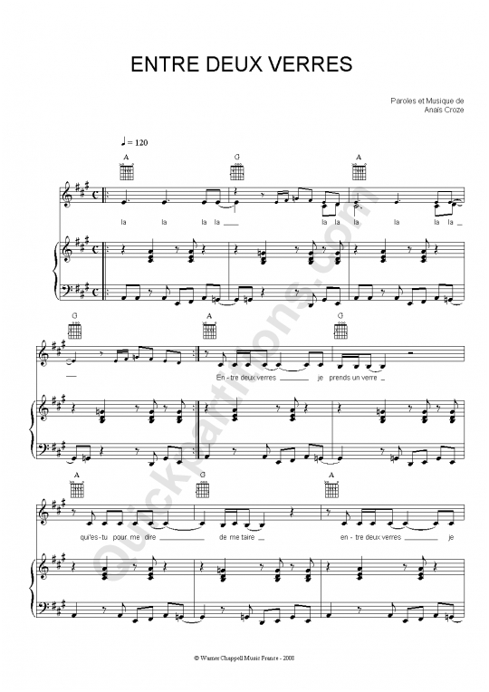 Partition piano Entre Deux Verres - Anais