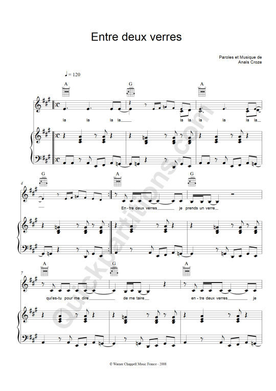 Partition piano Entre Deux Verres - Anais