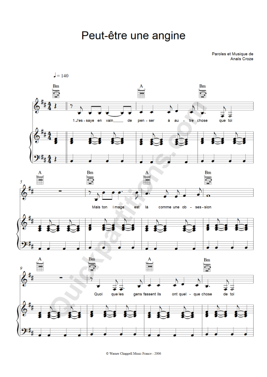 Partition piano Peut-être une angine - Anais