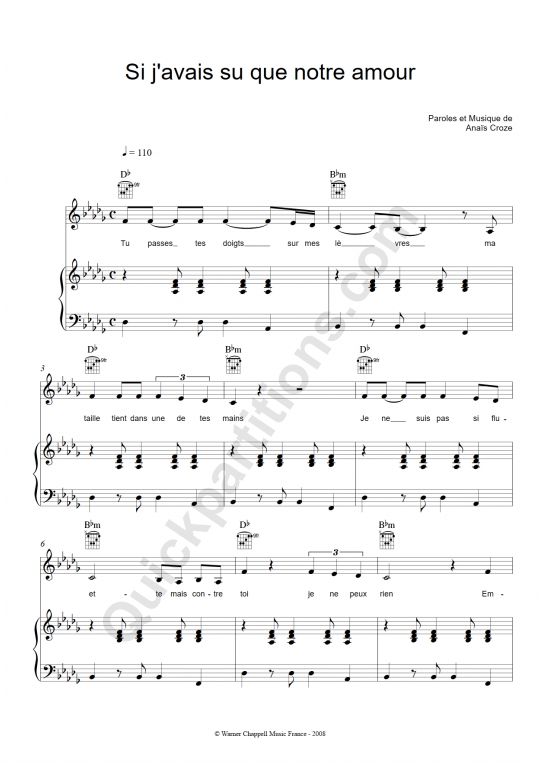 Partition piano Si j'avais su que notre amour - Anais