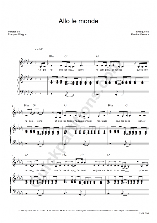 Allo le monde Piano Sheet Music - Pauline