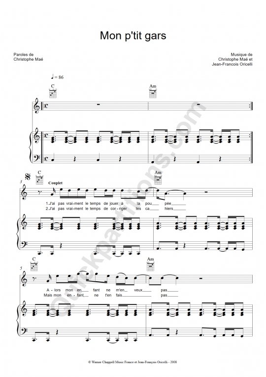 Partition piano Mon p'tit gars - Christophe Maé