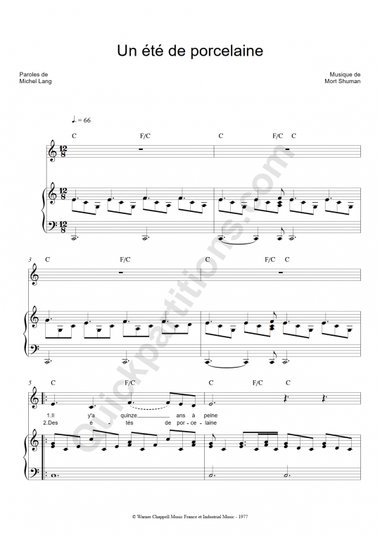Partition piano Un été de porcelaine - Mort Shuman