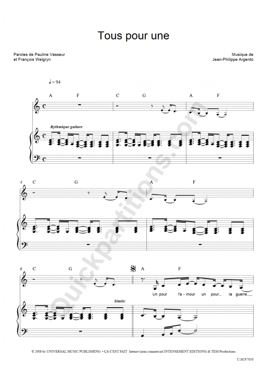 Partition piano Tous pour une - Pauline
