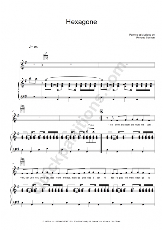 Partition piano Hexagone - Renaud