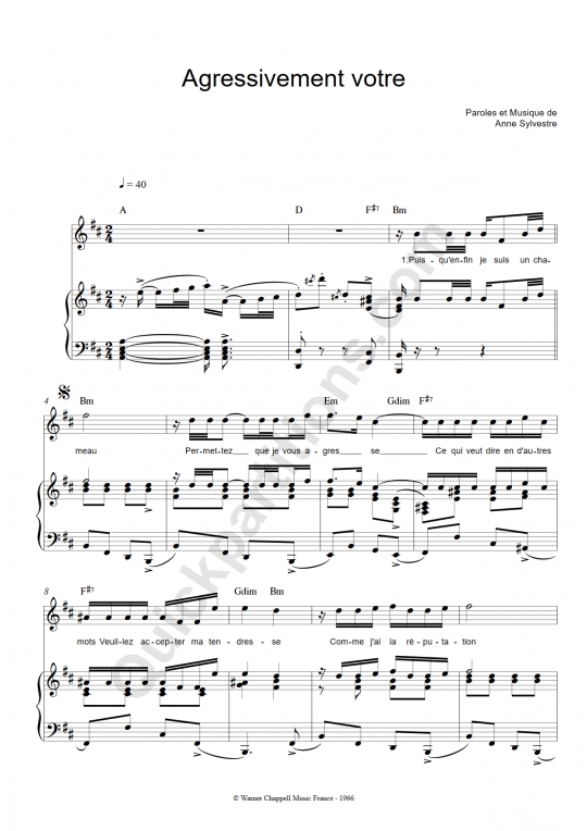 Partition piano Agressivement votre - Anne Sylvestre