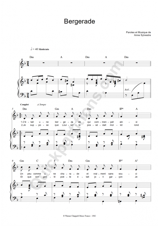 Partition piano Bergerade - Anne Sylvestre