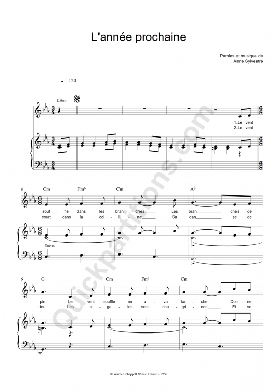 L'année prochaine Piano Sheet Music - Anne Sylvestre