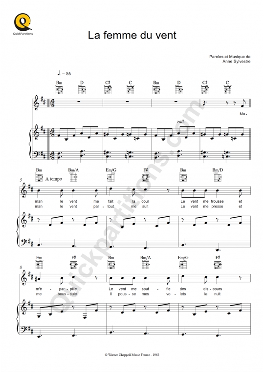 Partition piano La femme du vent - Anne Sylvestre