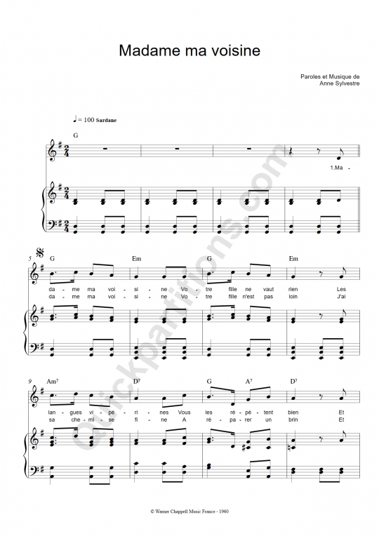 Madame ma voisine Piano Sheet Music - Anne Sylvestre