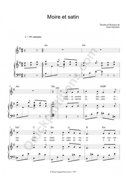 Moire et satin Piano Sheet Music - Anne Sylvestre