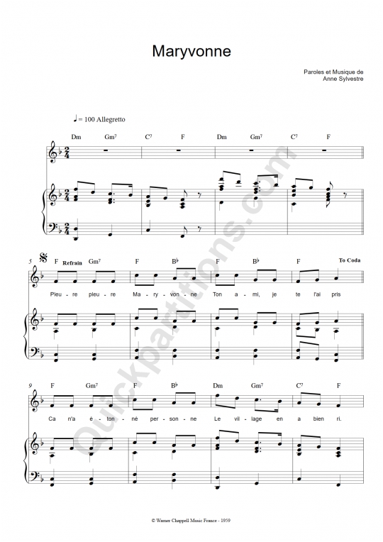 Maryvonne Piano Sheet Music - Anne Sylvestre