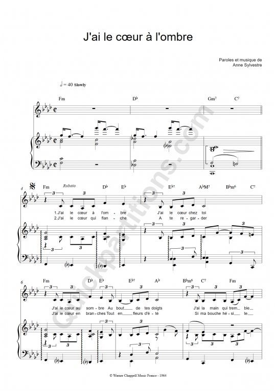 J'ai le cœur à l'ombre Piano Sheet Music from Anne Sylvestre