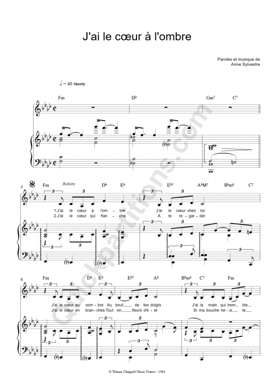 Partition piano J'ai le cœur à l'ombre - Anne Sylvestre