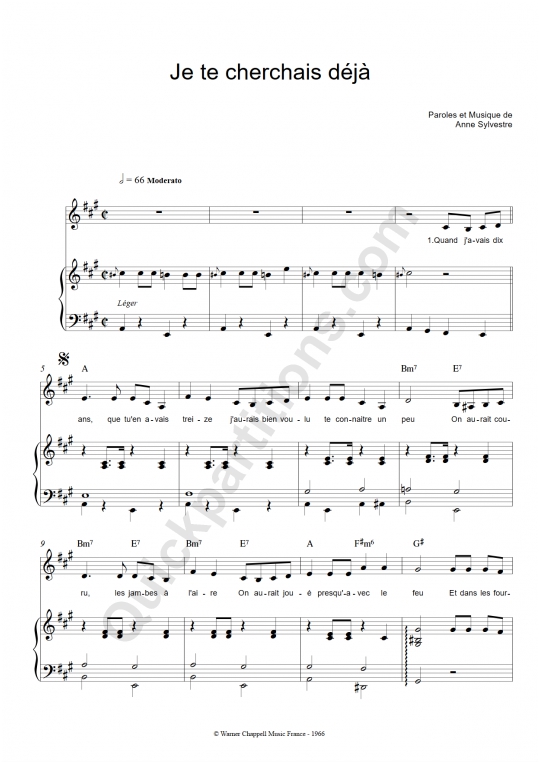 Partition piano Je te cherchais déjà - Anne Sylvestre
