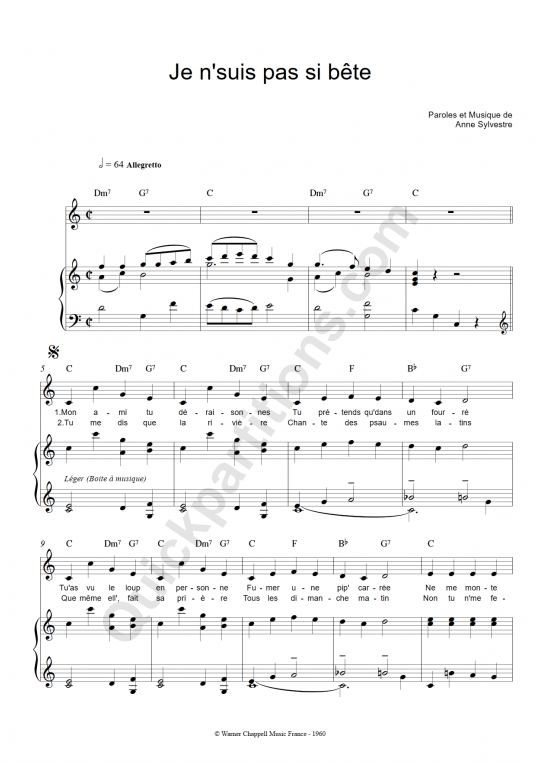 Partition piano Je n'suis pas si bête - Anne Sylvestre