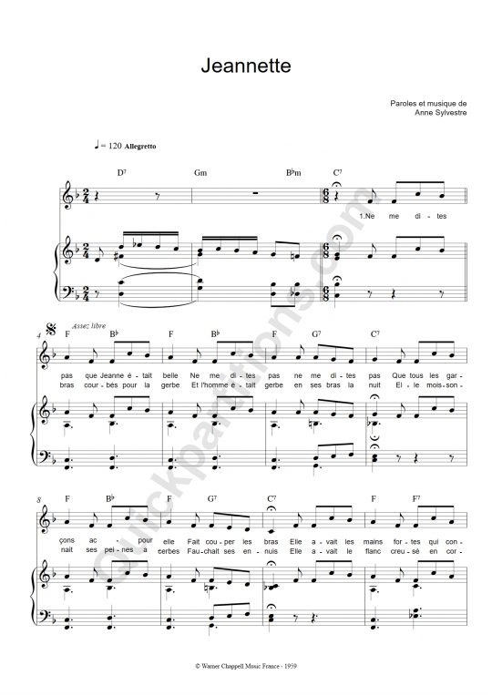 Jeannette Piano Sheet Music - Anne Sylvestre