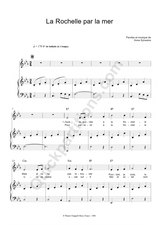 Partition piano La Rochelle par la mer - Anne Sylvestre