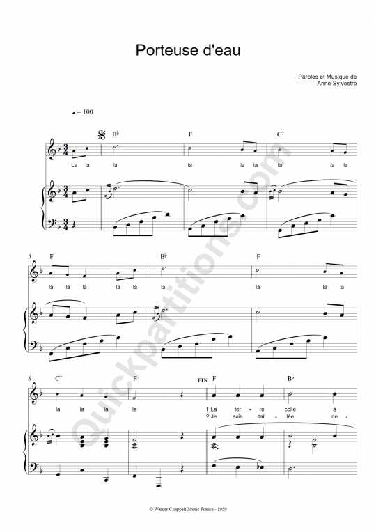 Porteuse d'eau Piano Sheet Music - Anne Sylvestre