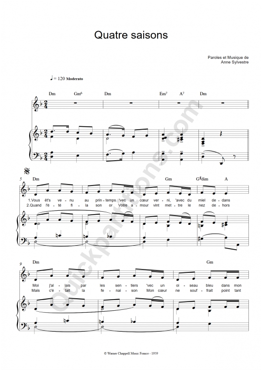 Partition piano Quatre saisons - Anne Sylvestre