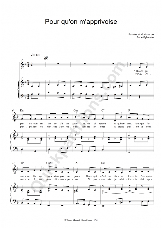 Pour qu'on m'apprivoise Piano Sheet Music - Anne Sylvestre